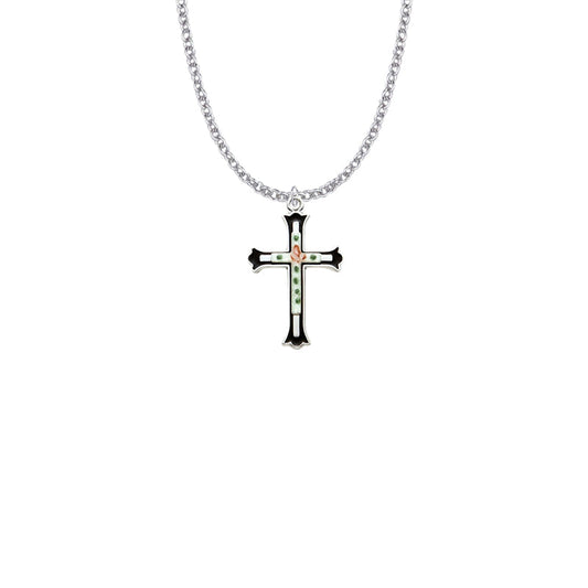 Sterling Silver Enameled Rose Cross on Budded Ends Cross Necklace