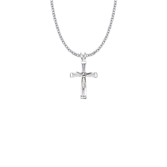 Sterling Silver Crystal Baguette with Polished Ends Crucifix Necklace