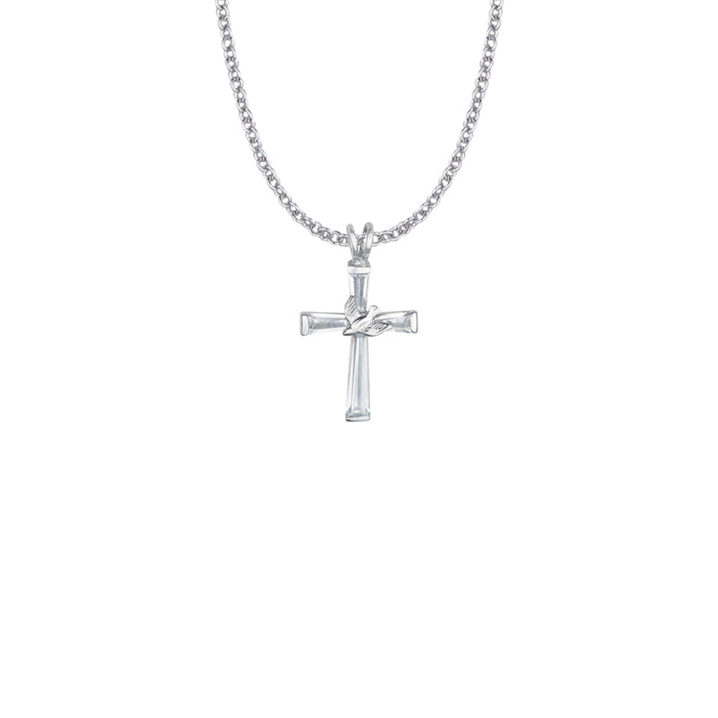 Sterling Silver Dove on Crystal Baguette Cross Necklace
