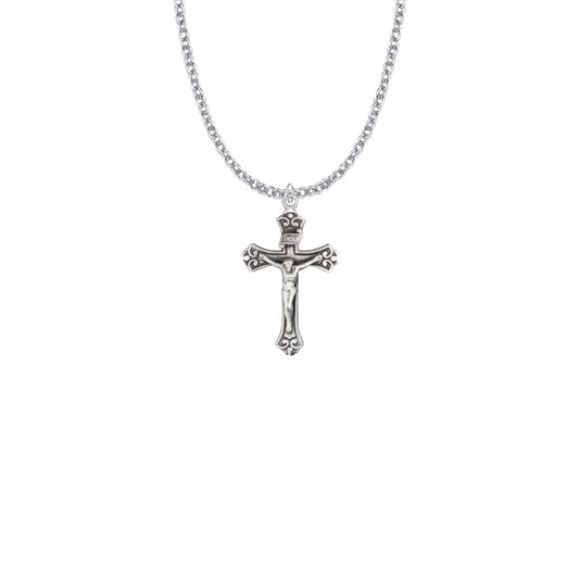 Sterling Silver Budded Ends with Diamond Drag Engraved Accents Crucifix Necklace