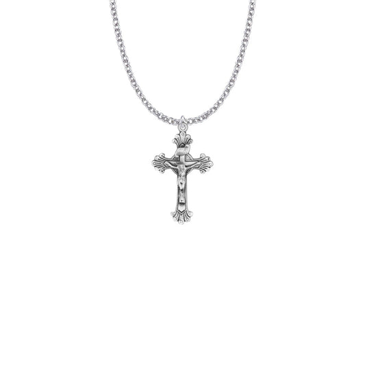 Sterling Silver Budded Ends with Engraved Accents Crucifix Necklace