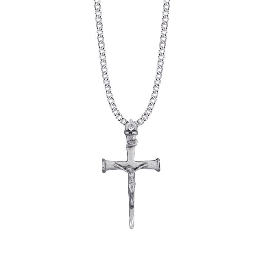 1-5/8 Inch Sterling Silver Antiqued Nail Crucifix Necklace