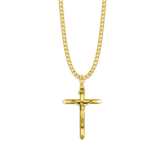 1-1/2 Inch Gold Plated Over Sterling Silver Tube Crucifix Necklace