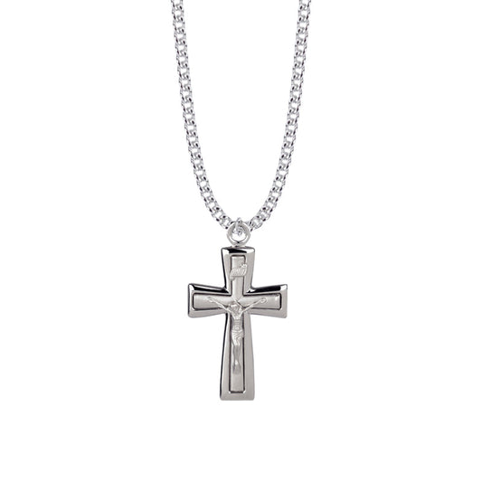 1-1/2 Inch Sterling Silver Polished Edges Crucifix Necklace