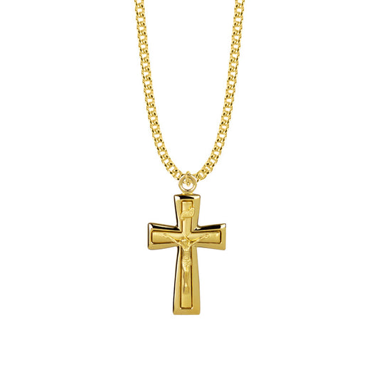 1-1/2 Inch Gold Plated Over Sterling Silver Polished Edges Crucifix Necklace