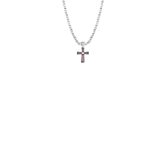 3/8 Inch Sterling Silver and Glass Crystal February Birthstone Baguette Cross Baby Necklace