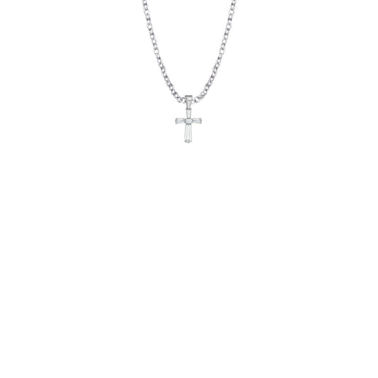 3/8 Inch Sterling Silver and Glass Crystal April Birthstone Baguette Cross Baby Necklace