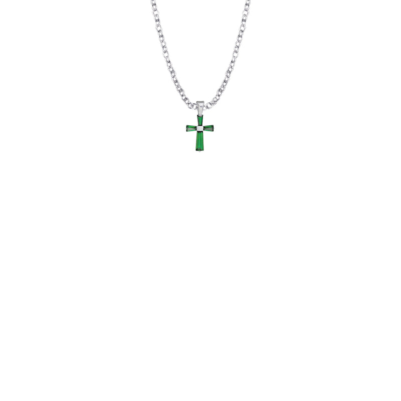 3/8 Inch Sterling Silver and Glass Crystal May Birthstone Baguette Cross Baby Necklace