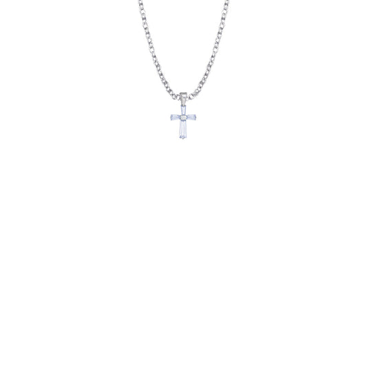 3/8 Inch Sterling Silver and Glass Crystal June Birthstone Baguette Cross Baby Necklace