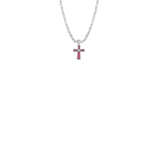 3/8 Inch Sterling Silver and Glass Crystal July Birthstone Baguette Cross Baby Necklace