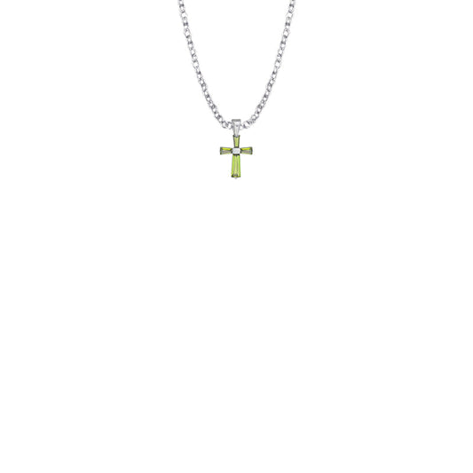 3/8 Inch Sterling Silver and Glass Crystal August Birthstone Baguette Cross Baby Necklace