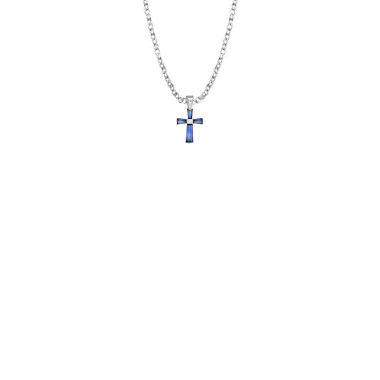 3/8 Inch Sterling Silver and Glass Crystal September Birthstone Baguette Cross Baby Necklace