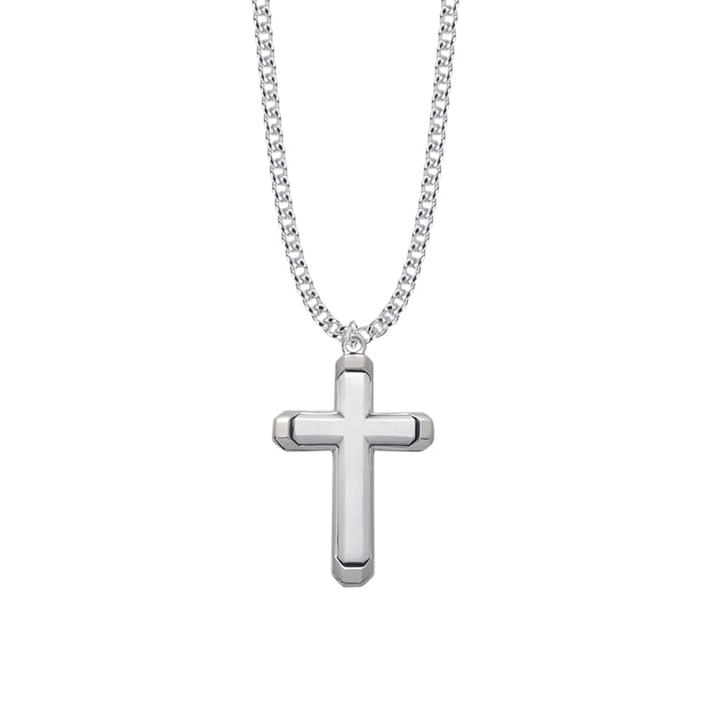 1-7/16 Inch Sterling Silver Beveled Cross Necklace