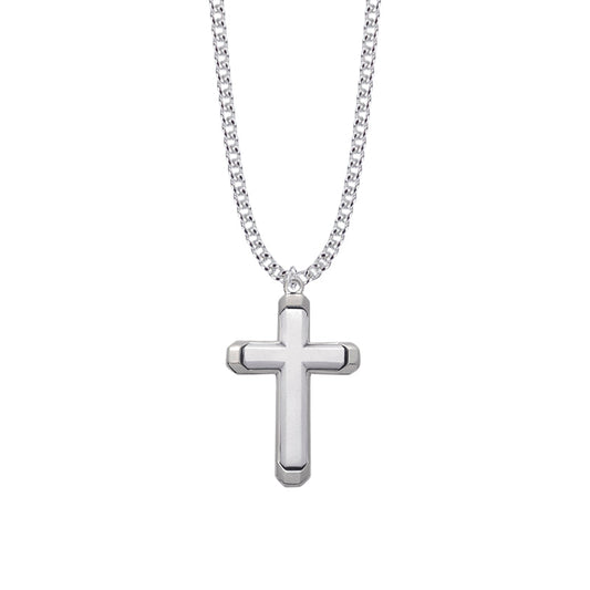 1-7/16 Inch Sterling Silver Beveled Cross Necklace