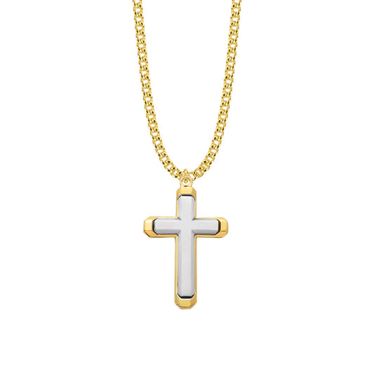 1-7/16 Inch Two-Tone Gold Plated Over Sterling Silver Beveled Cross Necklace