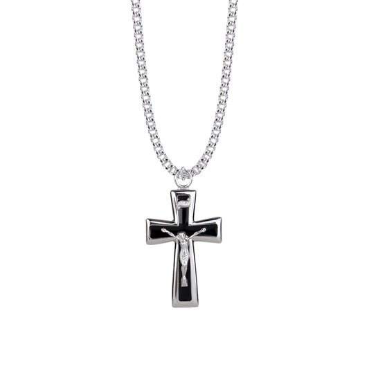 1-1/2 Inch Sterling Silver Black Enameled Crucifix Necklace