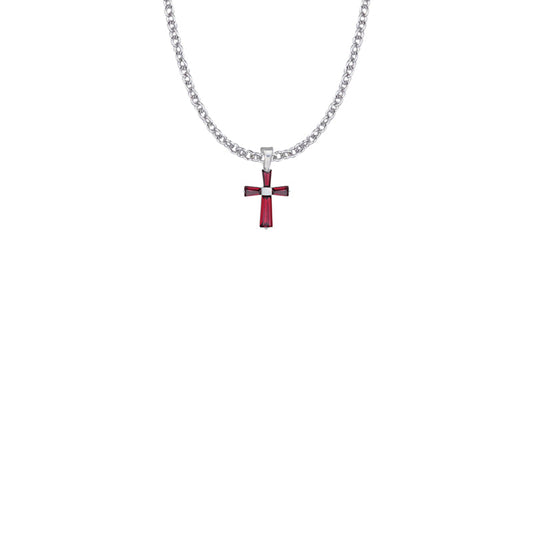 5/8 Inch Sterling Silver and Glass Crystal January Birthstone Baguette Cross Necklace