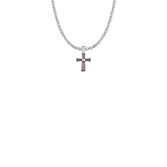 5/8 Inch Sterling Silver and Glass Crystal First Communion February Birthstone Baguette Cross Necklace