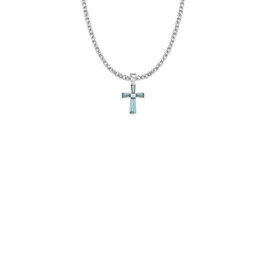 5/8 Inch Sterling Silver and Glass Crystal March Birthstone Baguette Cross Necklace
