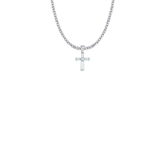 5/8 Inch Sterling Silver and Glass Crystal April Birthstone Baguette Cross Necklace