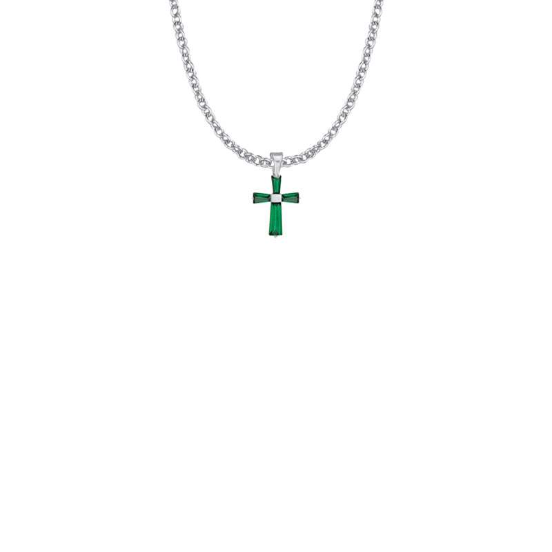 5/8 Inch Sterling Silver and Glass Crystal First Communion May Birthstone Baguette Cross Necklace