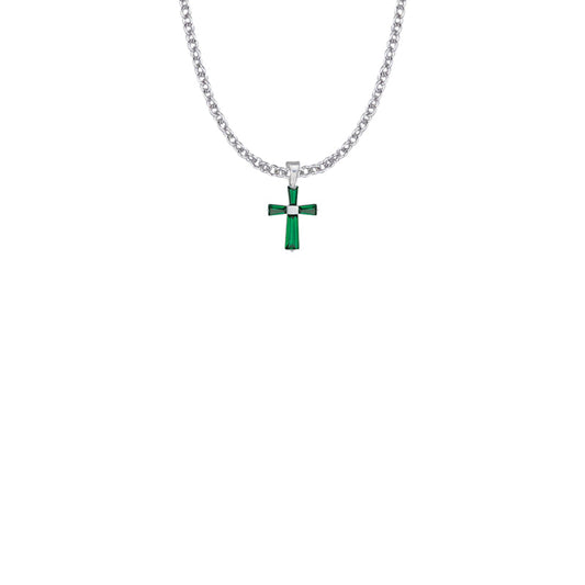 5/8 Inch Sterling Silver and Glass Crystal First Communion May Birthstone Baguette Cross Necklace