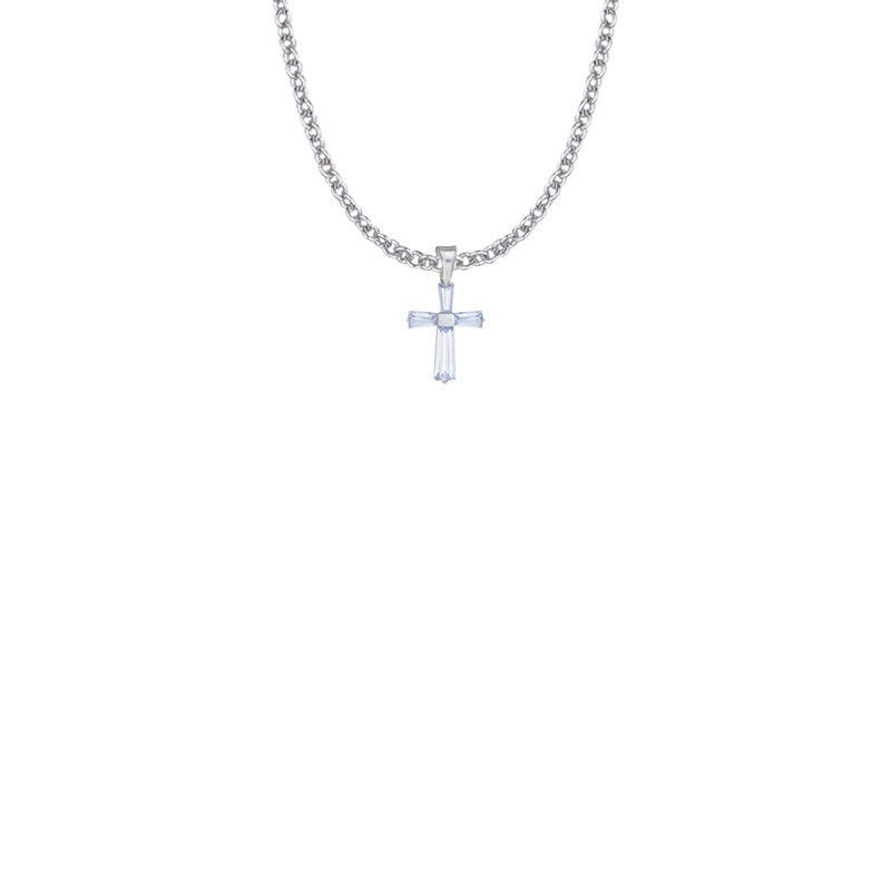 5/8 Inch Sterling Silver and Glass Crystal First Communion June Birthstone Baguette Cross Necklace