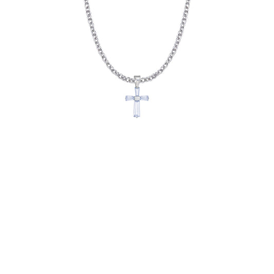 5/8 Inch Sterling Silver and Glass Crystal First Communion June Birthstone Baguette Cross Necklace