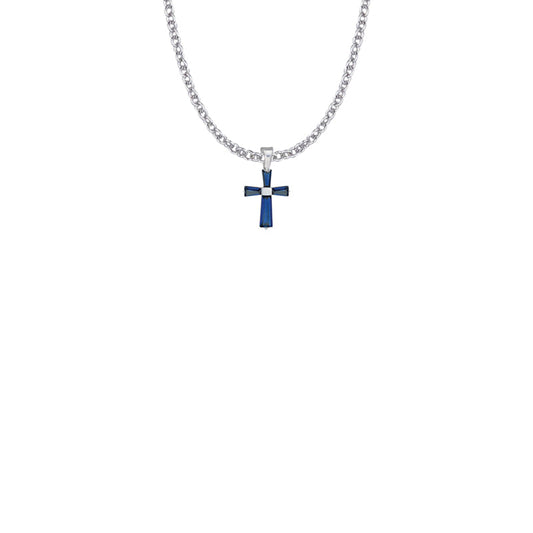 5/8 Inch Sterling Silver and Glass Crystal First Communion September Birthstone Baguette Cross Necklace