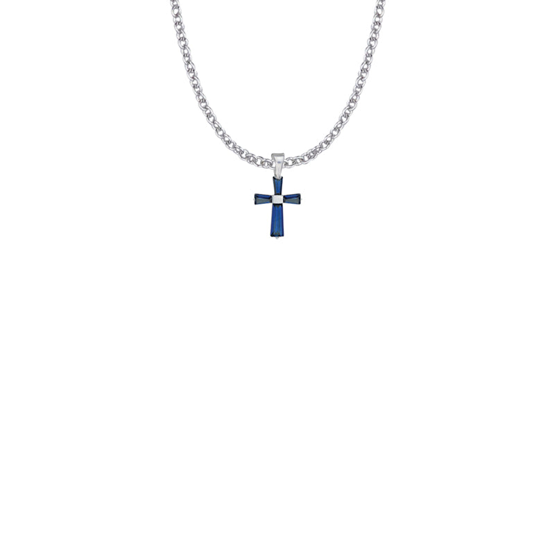 5/8 Inch Sterling Silver and Glass Crystal September Birthstone Baguette Cross Necklace
