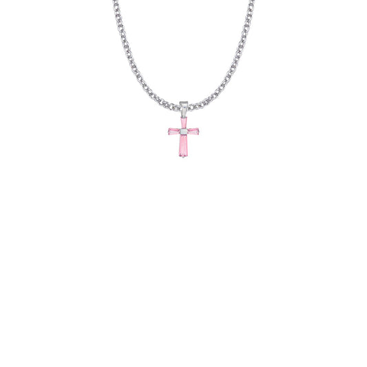 5/8 Inch Sterling Silver and Glass Crystal First Communion October Birthstone Baguette Cross Necklace