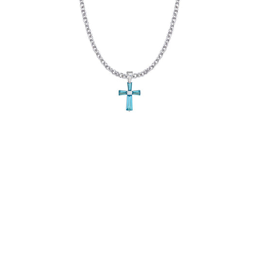 5/8 Inch Sterling Silver and Glass Crystal December Birthstone Baguette Cross Necklace