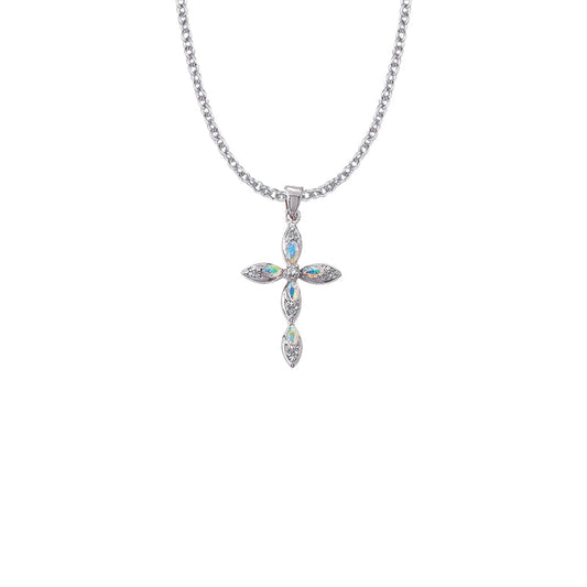 Sterling Silver Pointed Oval Ends Cross Necklace with Opal Stones