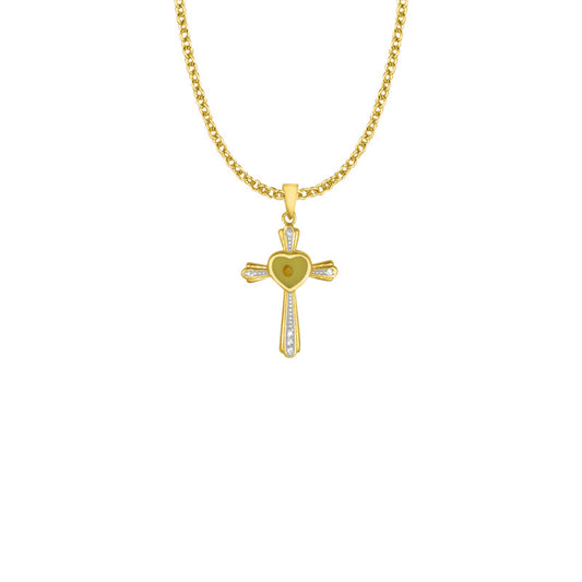 1-1/16 Inch Two-Tone Gold Plated Over Sterling Silver Centered Mustard Seed Heart and Cross Necklace