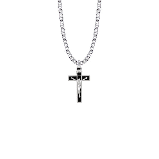 Sterling Silver Black Enameled Silver Border Crucifix Necklace