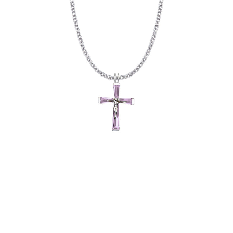 Sterling Silver and Glass Crystal February Birthstone Baguette Crucifix Necklace