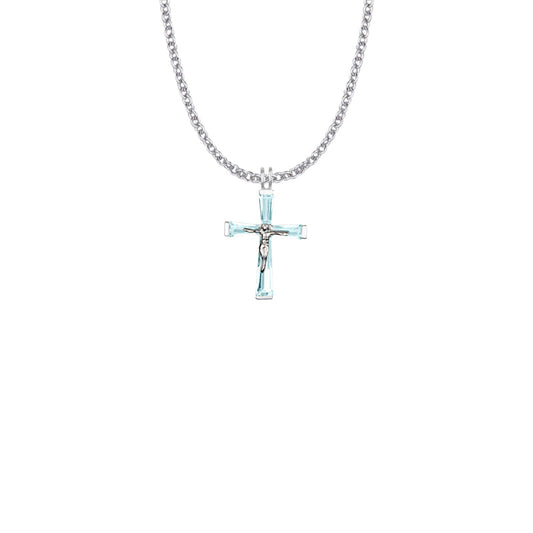 Sterling Silver and Glass Crystal March Birthstone Baguette Crucifix Necklace