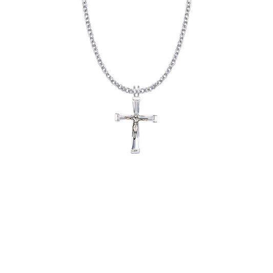 Sterling Silver and Glass Crystal April Birthstone Baguette Crucifix Necklace