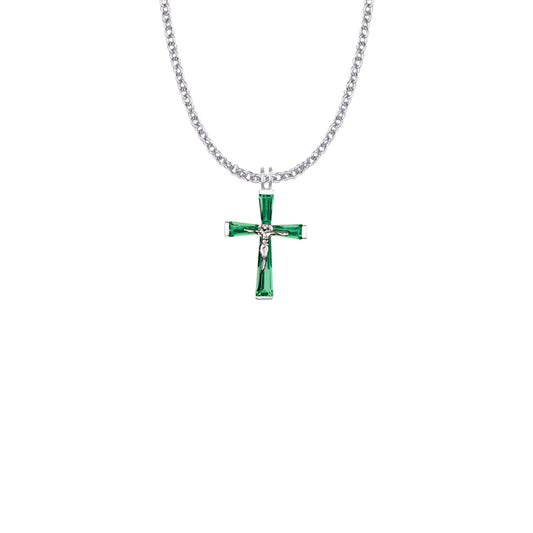 Sterling Silver and Glass Crystal May Birthstone Baguette Crucifix Necklace