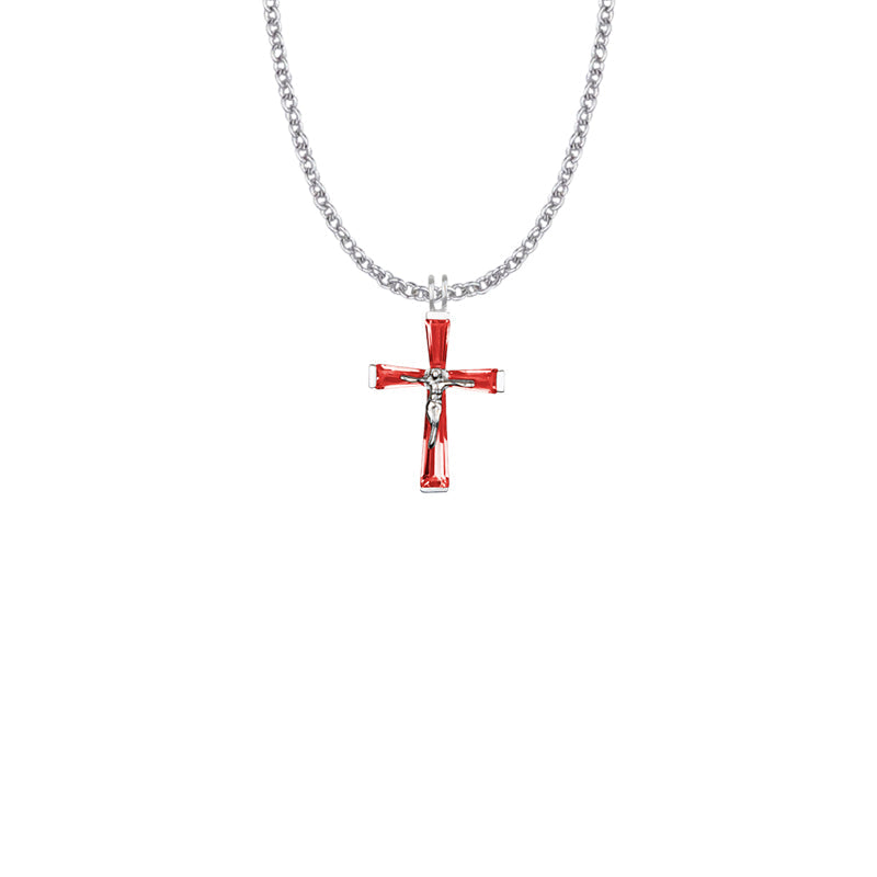 1-1/16 Inch Sterling Silver and Glass Crystal July Birthstone Crucifix Necklace