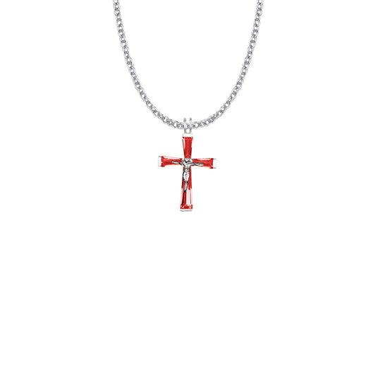 1-1/16 Inch Sterling Silver and Glass Crystal July Birthstone Crucifix Necklace