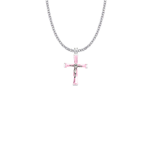 Sterling Silver and Glass Crystal October Birthstone Baguette Crucifix Necklace