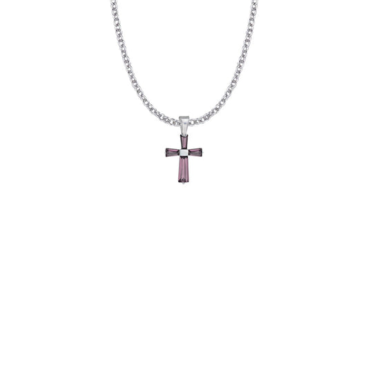 Sterling Silver and Glass Crystal February Birthstone Baguette Cross Necklace