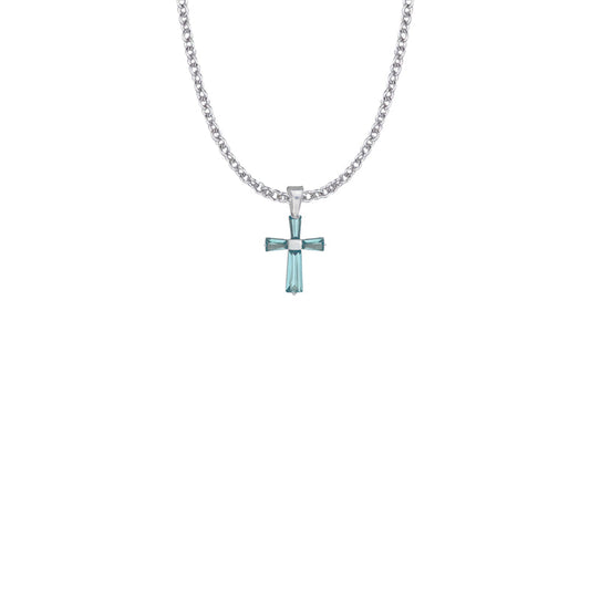 Sterling Silver and Glass Crystal March Birthstone Baguette Cross Necklace