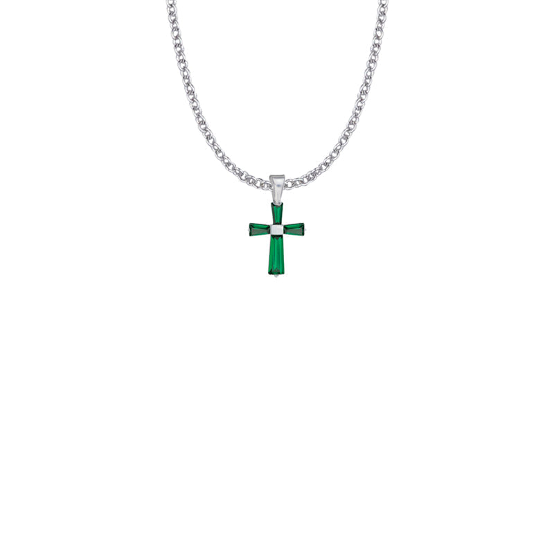 Sterling Silver and Glass Crystal May Birthstone Baguette Cross Necklace