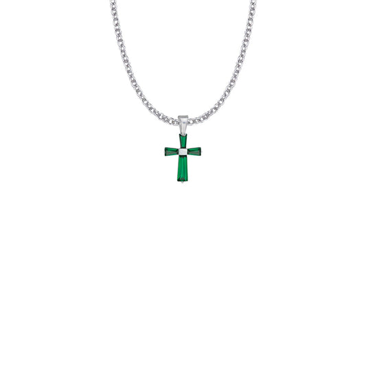 Sterling Silver and Glass Crystal May Birthstone Baguette Cross Necklace