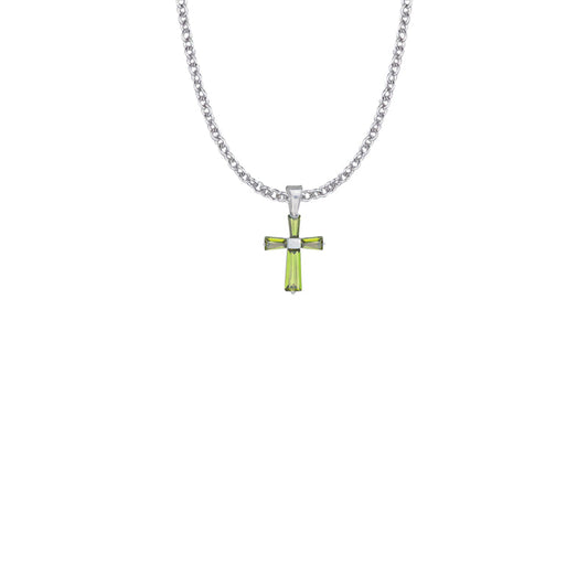 Sterling Silver and Glass Crystal August Birthstone Baguette Cross Necklace