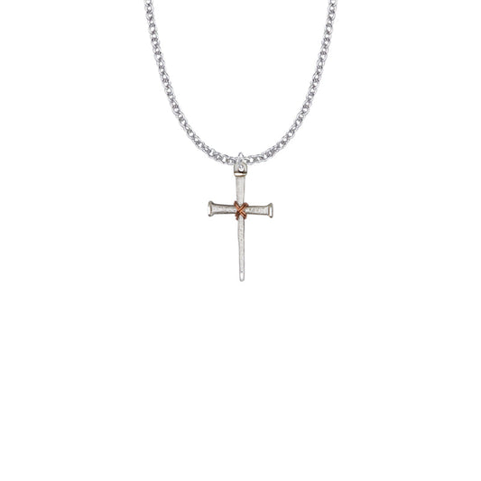 Sterling Silver Nail with Copper Center and Diamond Engraved Ends Cross Necklace