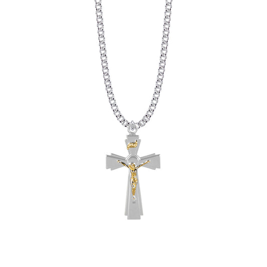 1-7/16 Inch Two-Tone Sterling Silver Flared Crucifix Necklace