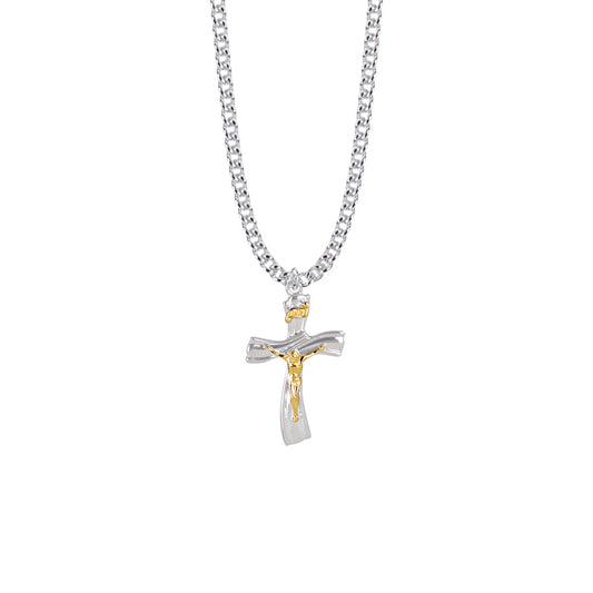 Two-Tone Sterling Silver Ribbon Crucifix Necklace